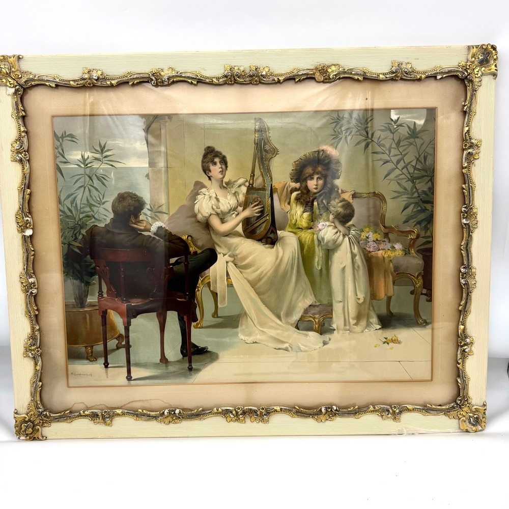 Antique 1889 Maud Goodman Victorian Harp Print Ornate Gesso‎ Frame
